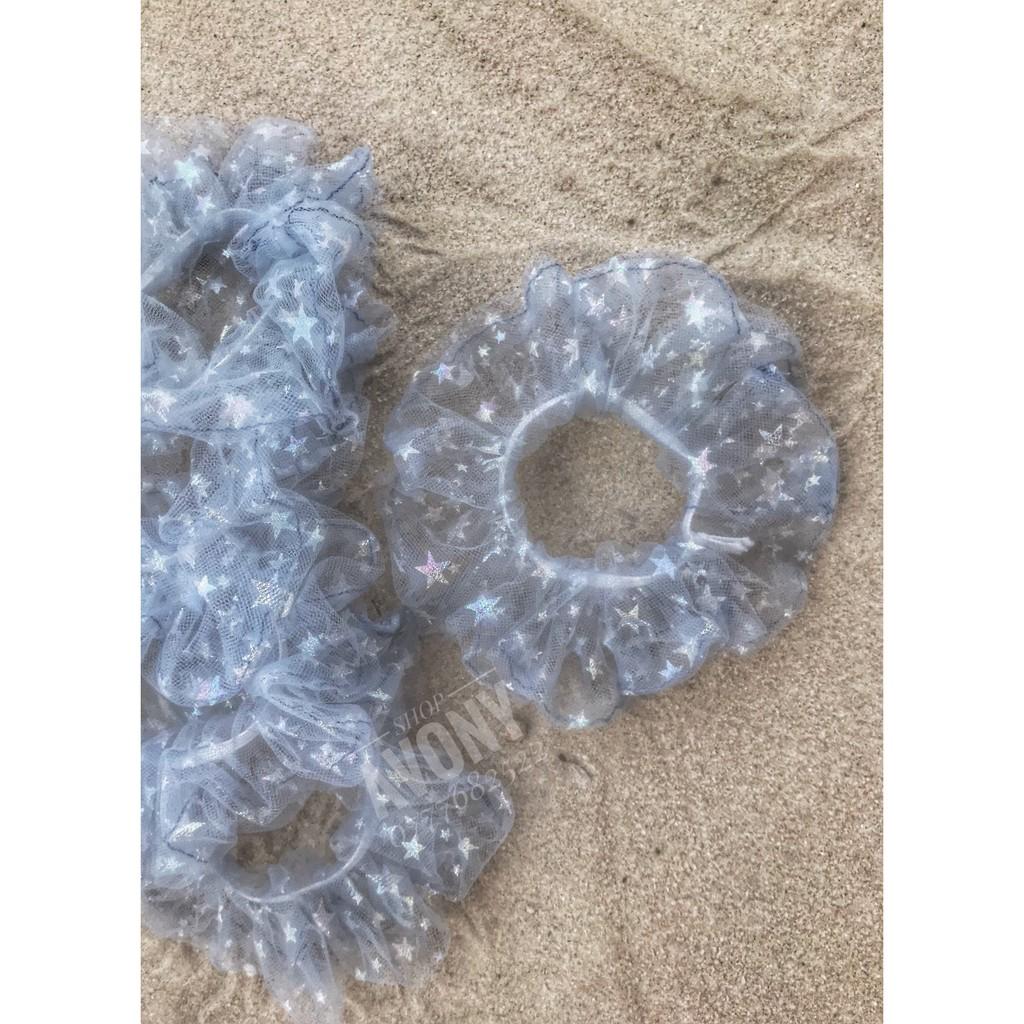 Cột tóc vải scrunchies lưới in sao bạc