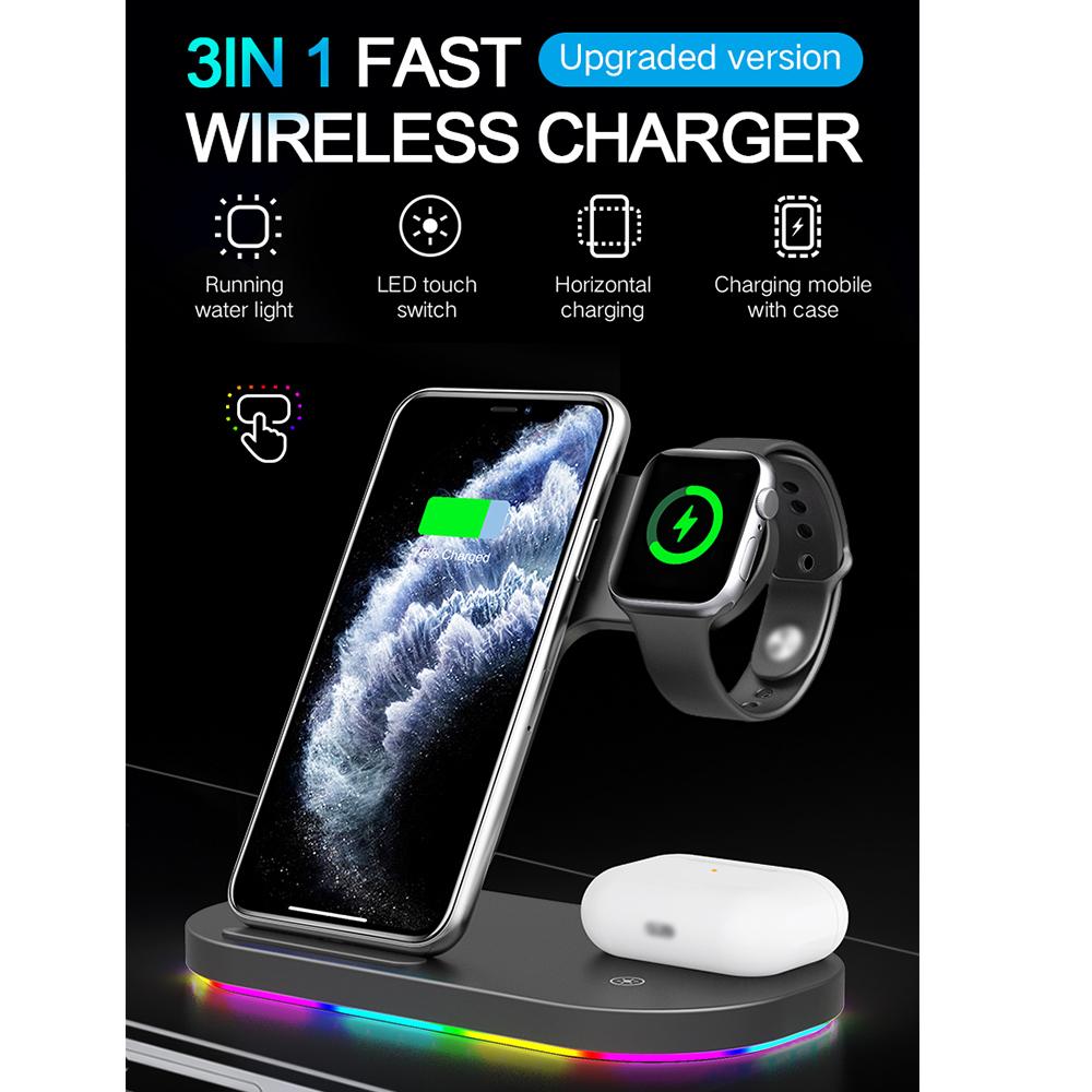 Sạc nhanh không dây 3 trong 1 điện thoại đồng hồ thông minh tai nghe đèn Led hiển thị cảm ứng
