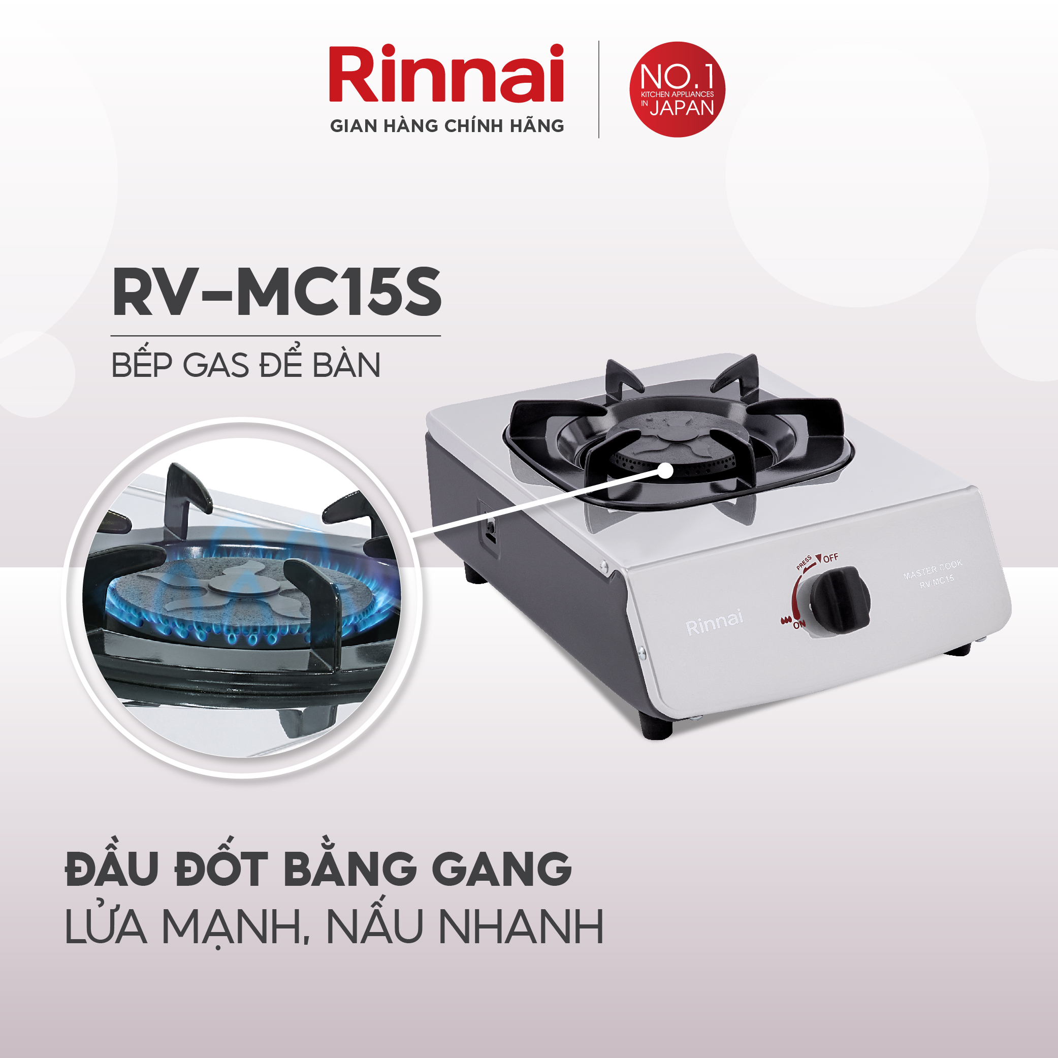 Bếp gas dương Rinnai RV-MC15S mặt bếp inox và kiềng bếp men - Hàng chính hãng.