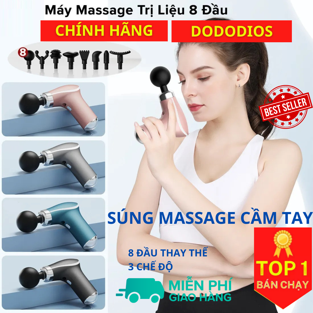 Máy Massage Cầm Tay Toàn Thân 3 Cấp Độ, 8 Đầu Thay Thế dododios - Chuyên Sâu Vai Lưng, Giảm Đau Cơ - Hàng Chính Hãng dododios