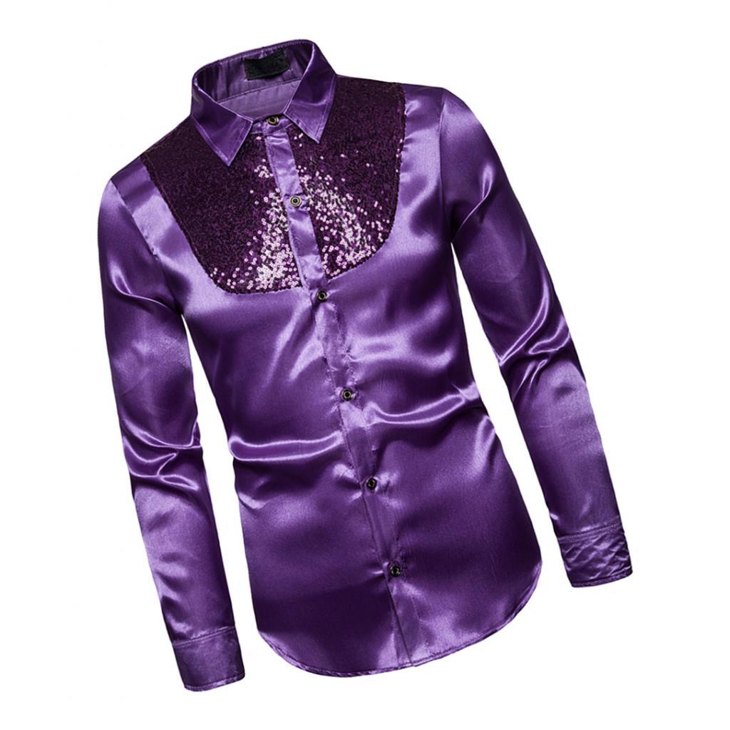 Mens Fashion Button Down Shirts Long Sleeve Sequins Tops Shirt  M