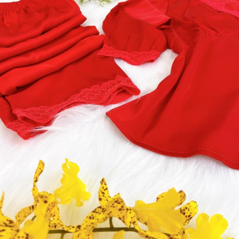Đồ bộ pijama lụa, đồ mặc nhà nữ VILADY - B105 kiểu tay dài quần dài, hoạ tiết trơn phối viên ren quyến rũ, chất liệu lụa Pháp (lụa latin) cao cấp - Màu đỏ