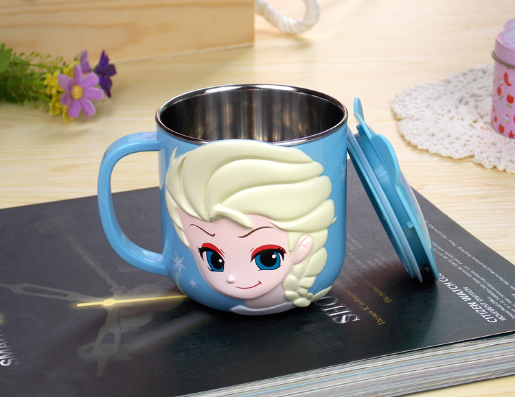 Ly inox giữ nhiệt , cốc có quai cầm 260ml hình công chúa Elsa Frozen nổi 3D màu xanh cho trẻ em , bé gái  - 97VNDP2288