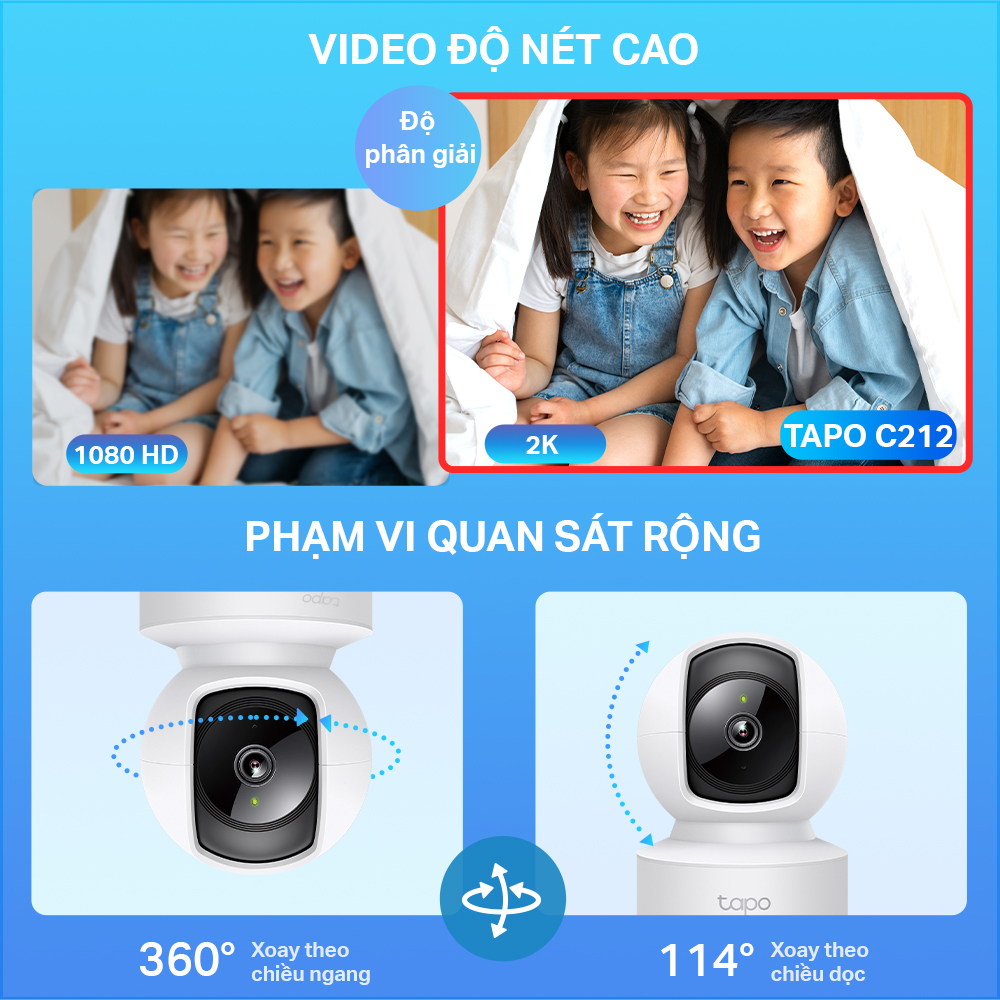 Camera Wifi TP-Link Tapo C212 Độ Phân Giải 2K QHD Quay/Quét 360 Độ Hỗ Trợ Cổng LAN - Hàng Chính Hãng