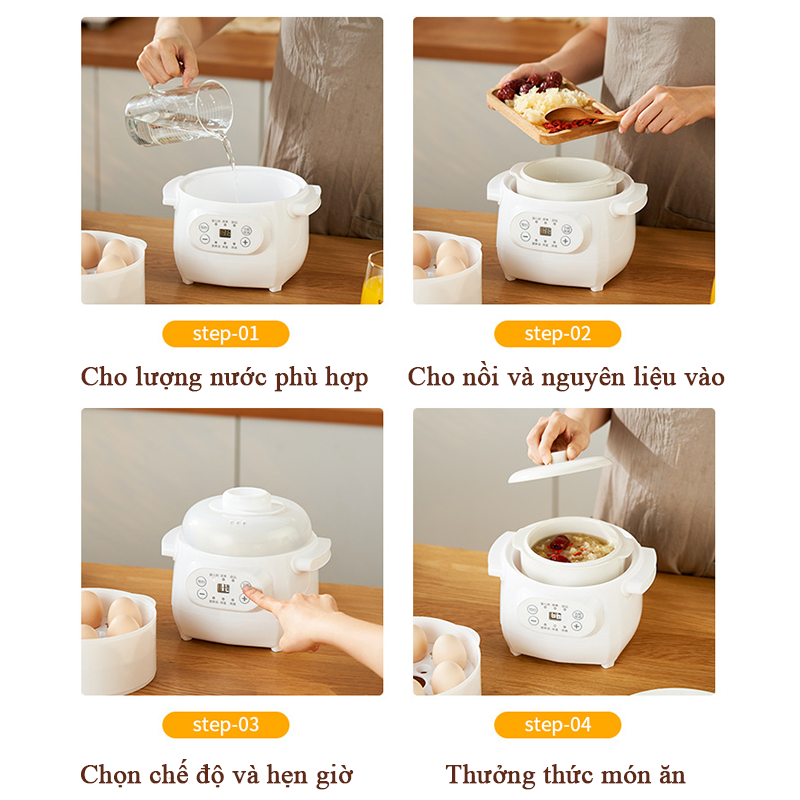 Nồi Nấu Cháo Chậm Chưng Yến Cho Bé 6 Chức Năng Dung Tích 1L Có Lồng Hấp Nồi Nấu Chậm Nấu Cháo Hầm Hấp Chưng Yến Cách Thủy Lõi Sứ Trắng Tỏa Nhiệt Đều Hẹn Giờ 12h Tiện Lợi