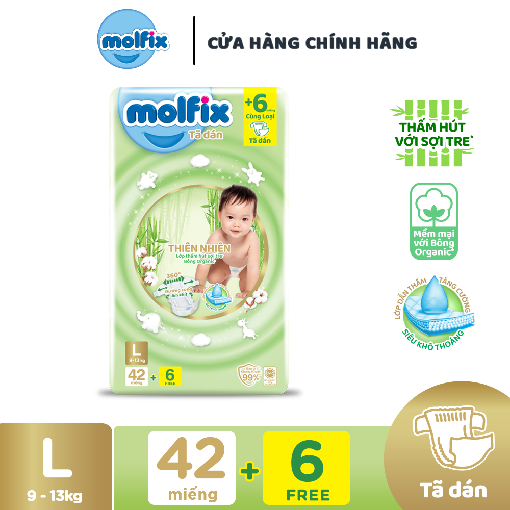 Tã/bỉm dán Molfix Thiên nhiên Jumbo L (9kg - 13kg) - Gói 42+6 miếng