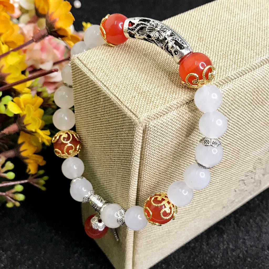 Vòng Tay Phong Thủy Mệnh Kim - Vòng Tay Nữ Mã Não Trắng 8mm Mix Hoa Văn Độc Đáo 2019 V358-8