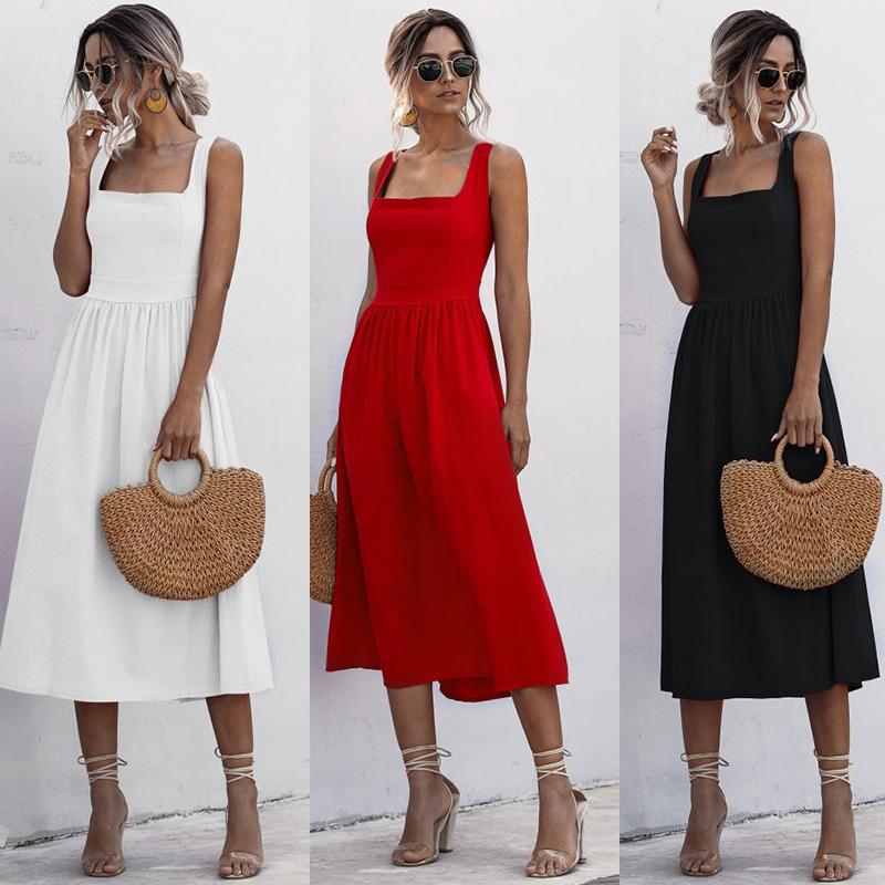 Women Dress Solid Color Square Neck Sleeveless High Waist A-Line Open Back Elegant Beach Party One-piece