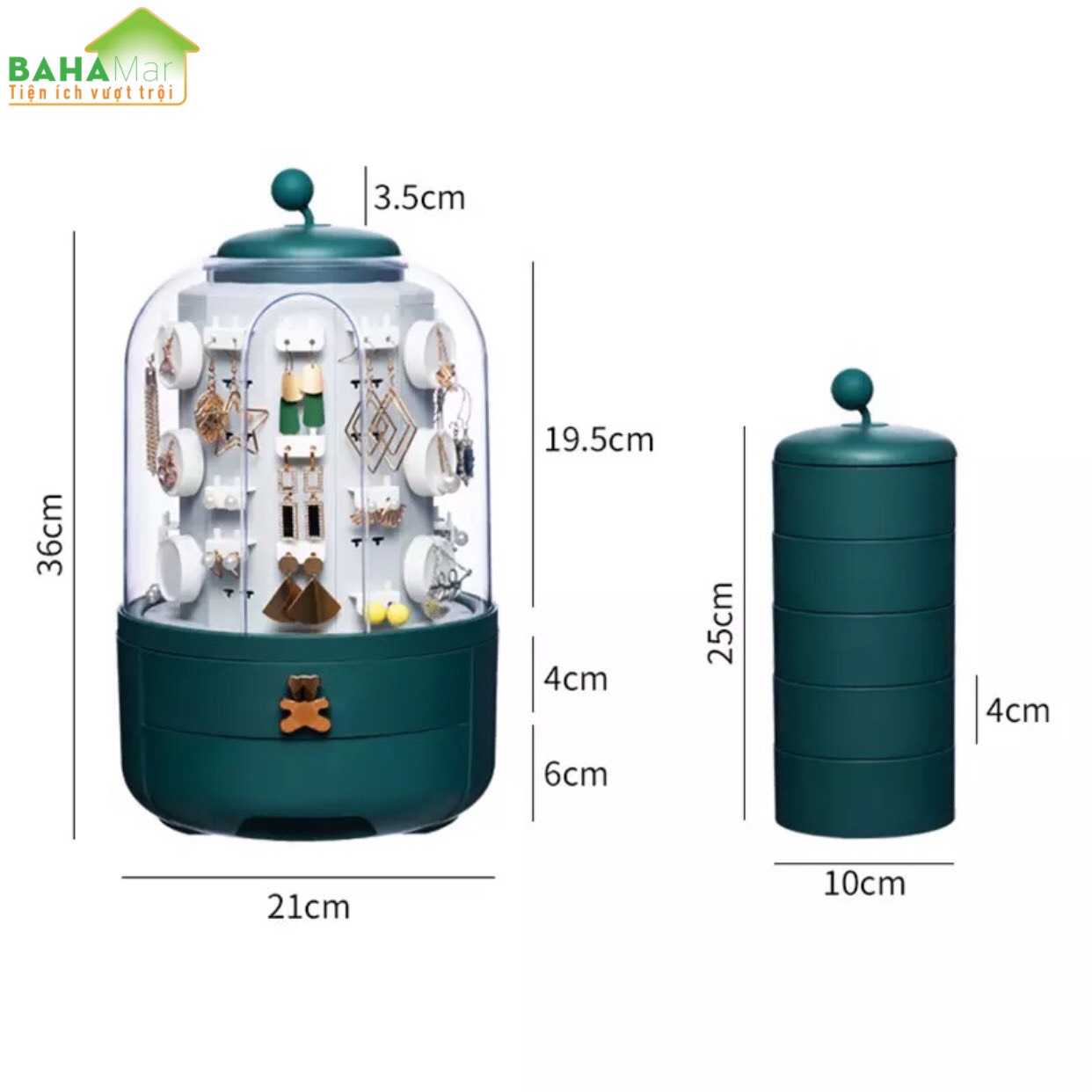 HỘP ĐỰNG TRANG SỨC ĐỂ BÀN XOAY 360 ĐỘ An toàn trang sức, thiết kế móc có thể treo các đồ trang sức trong hộp để ngăn ngừa bụi và phần ngoài trong suốt để nhìn rõ ràng bên trong.