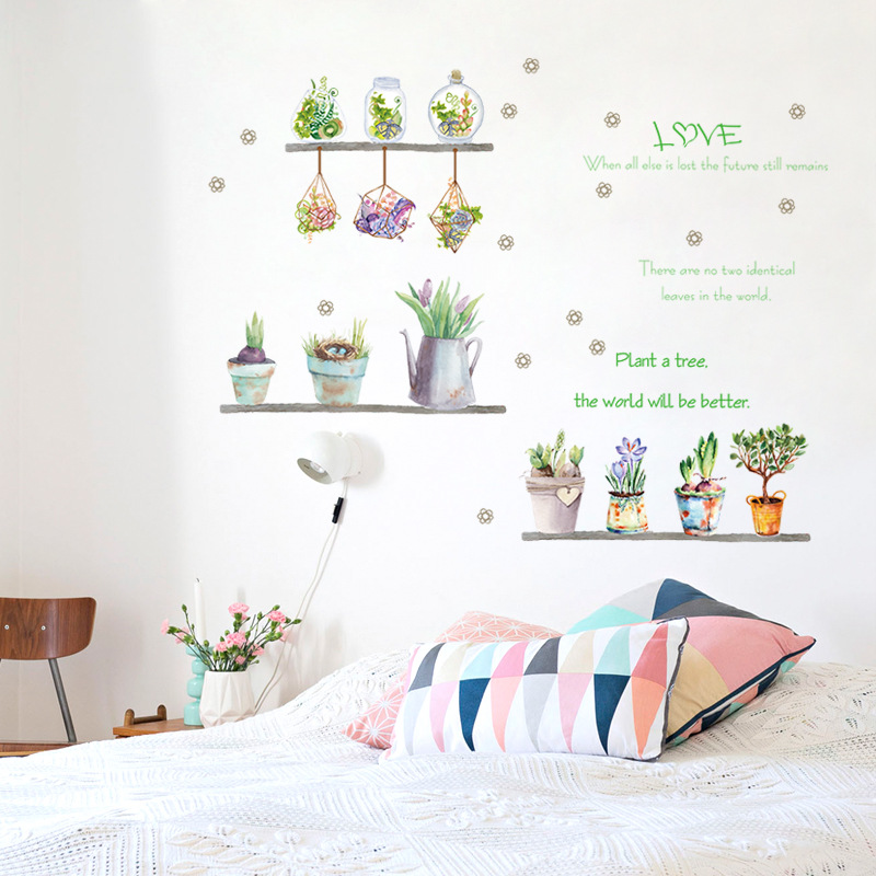 Decal dán tường trang trí xanh mát những chậu hoa nhỏ dễ thương