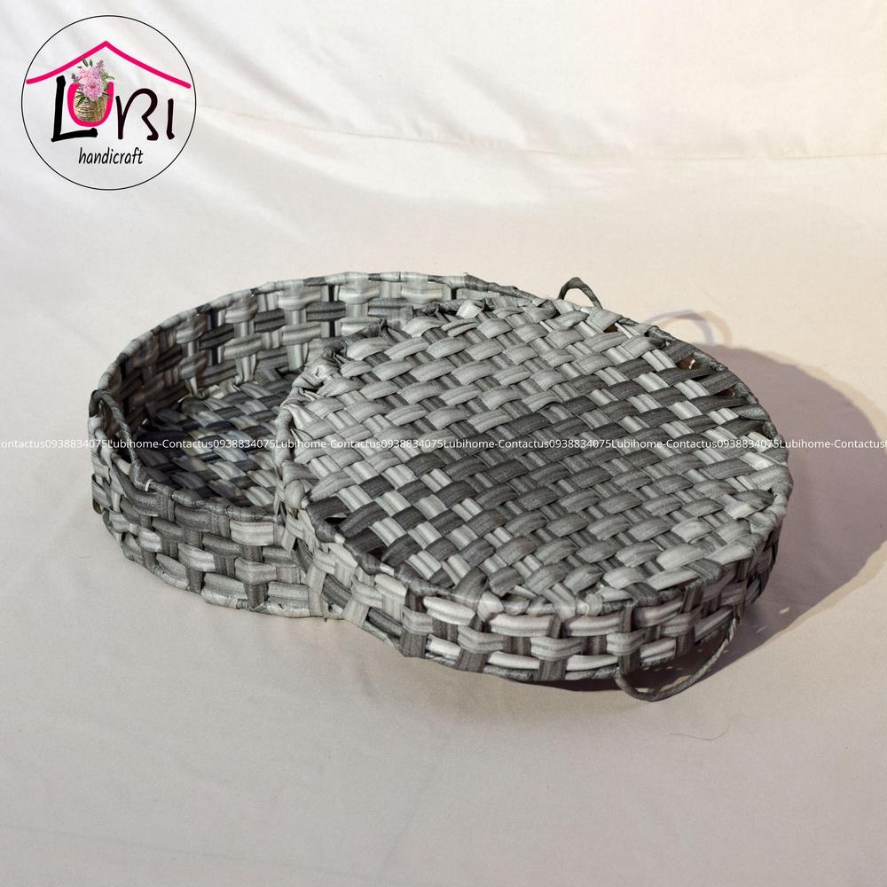 Lubihandicraft - Khay tròn đựng đồ đan dây nhựa xám trắng - xinh xắn