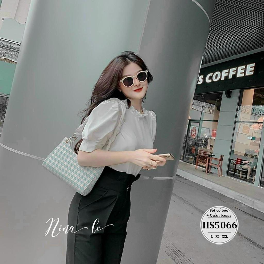 Set quần áo bigsize nữ: quần bigsize nữ baggy khóa kéo lưng bèo + áo bigsize nữ cổ bèo HS5066  - Size 55-90kg L XL XXL