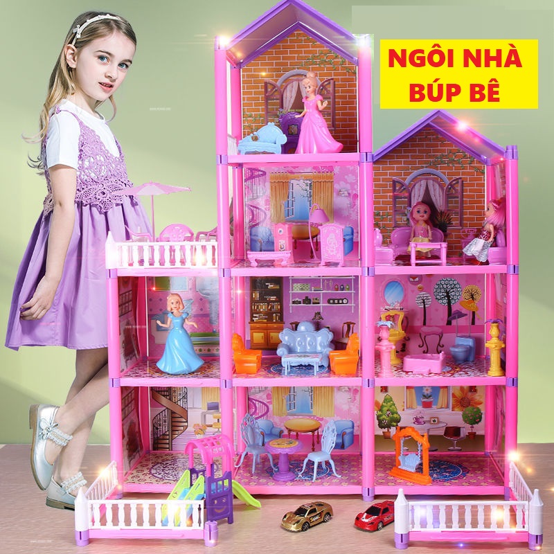 Nhà búp bê mô hình đồ chơi cỡ lớn kèm búp bê chibi full nội thất cho bé lắp ráp, quà tặng sinh nhật cho bé