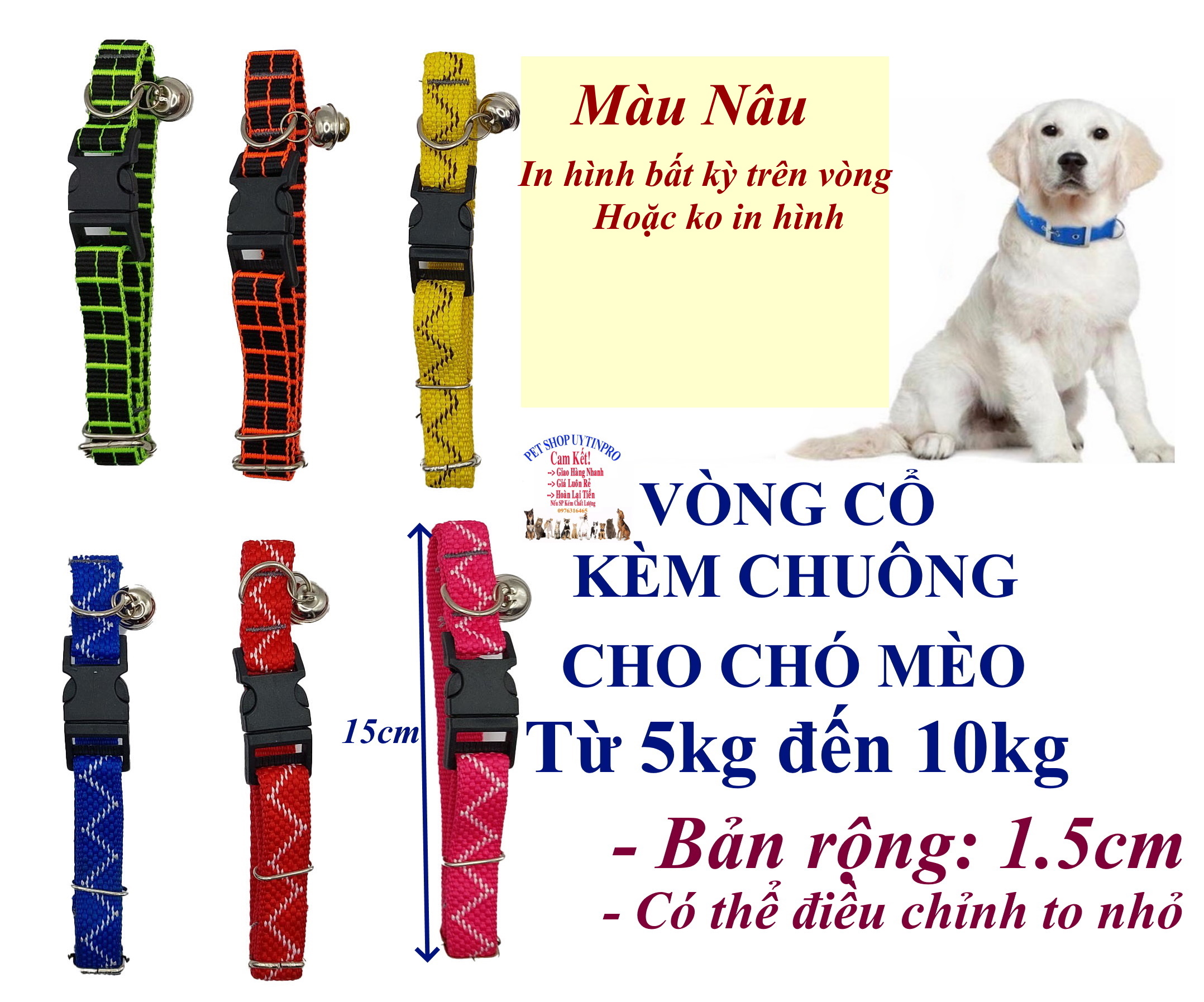 Vòng cổ kèm chuông cho Chó Mèo từ 5kg đến 15kg Bản rộng 1.5cm Chất liệu dù chắc chắn, An toàn, Có thể điều chỉnh to nhỏ