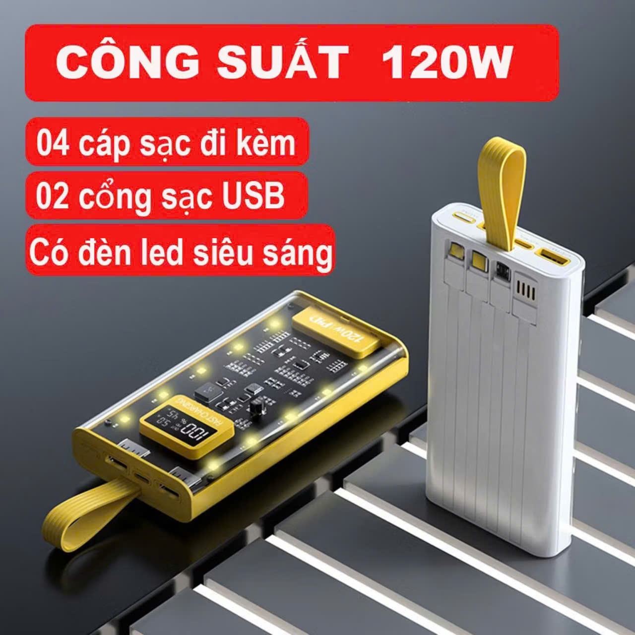 Sạc Dự Phòng 50.000MAH Trong Suốt kèm cáp sạc nhanh 4 đầu, tích hợp 4 cáp sạc, làm đèn ngủ - FTAKY Hàng Nhập Khẩu