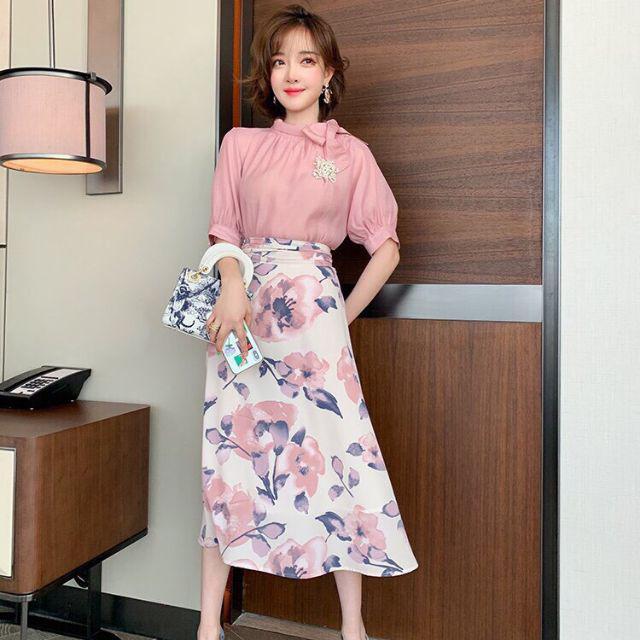 SET ÁO HỒNG NƠ-CHÂN VÁY HOA (HÀNG NHẬP