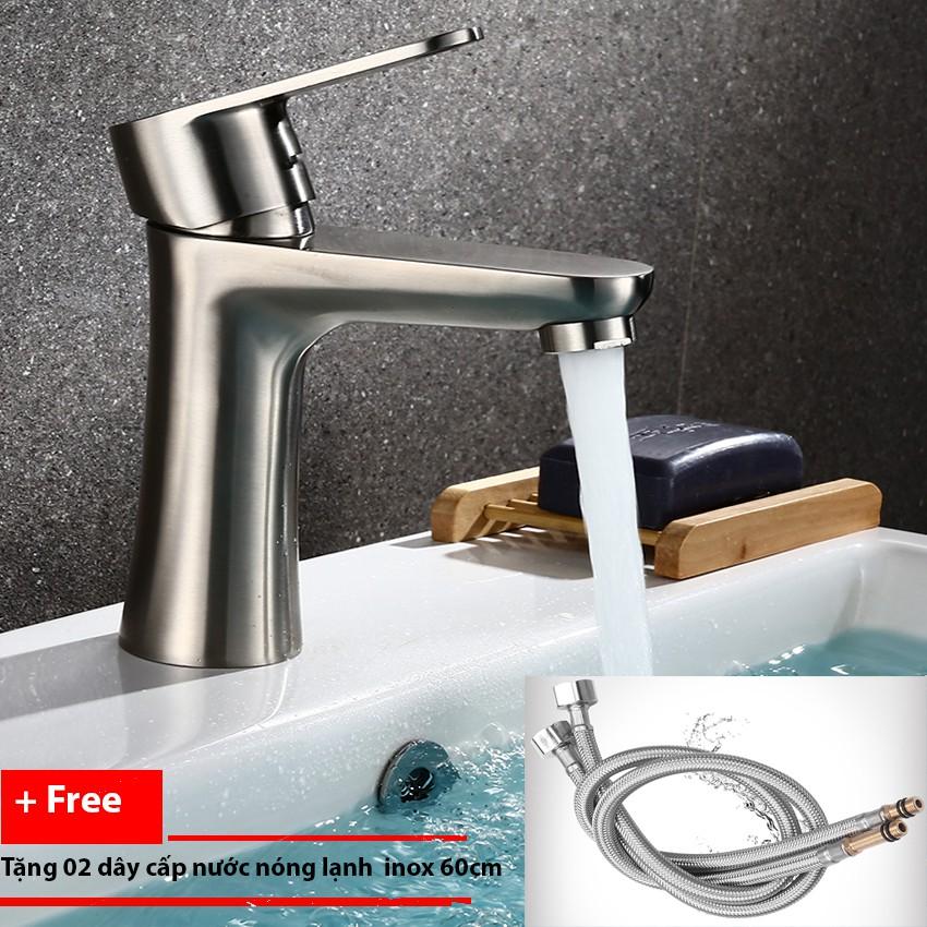 Vòi lavabo nóng lạnh cắm chậu OS310 chất liệu inox 304 nguyên khối tặng 2 dây cấp nóng lạnh Inox 60cm