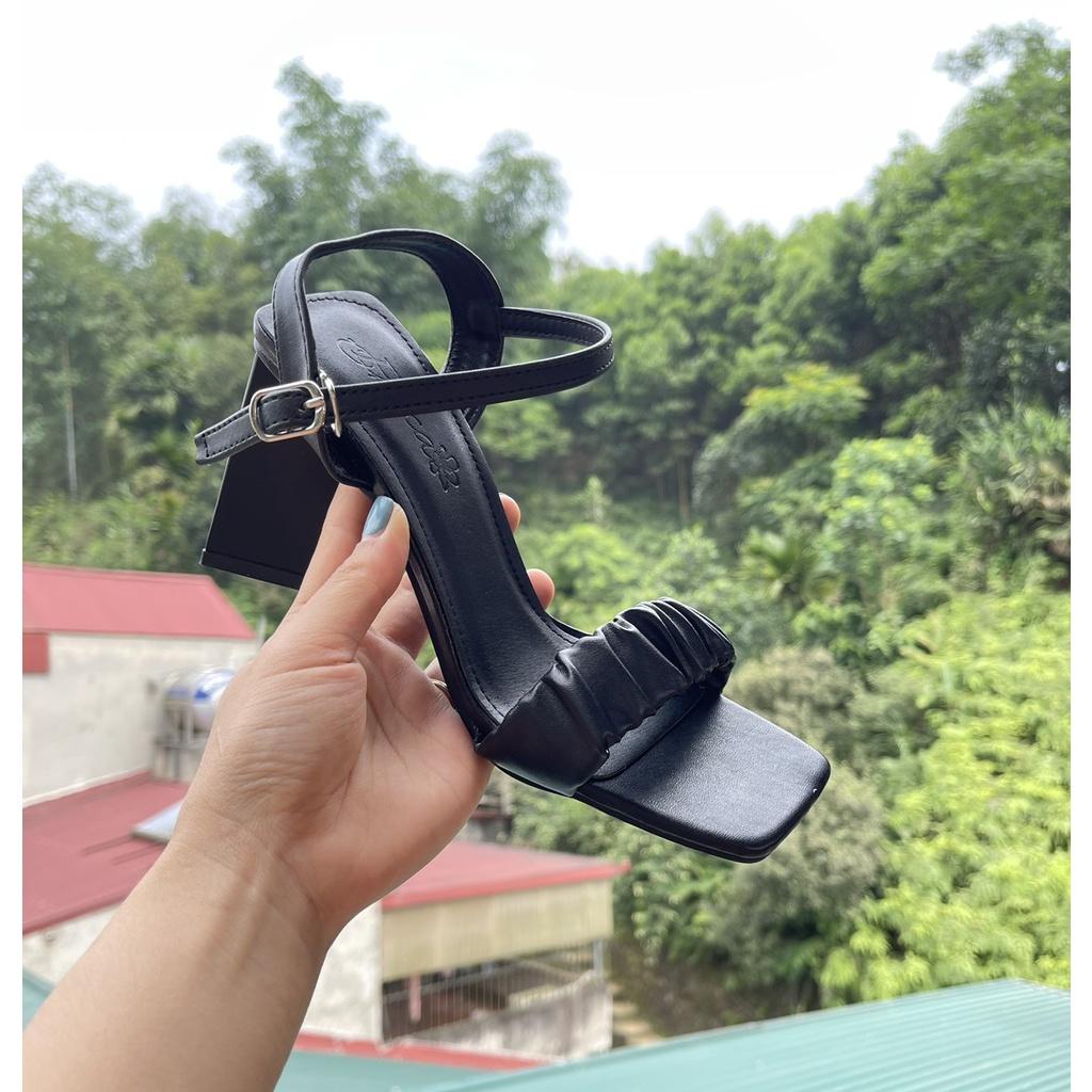 Sandal da mịn quai nhún gót trụ tam giác to - 9P