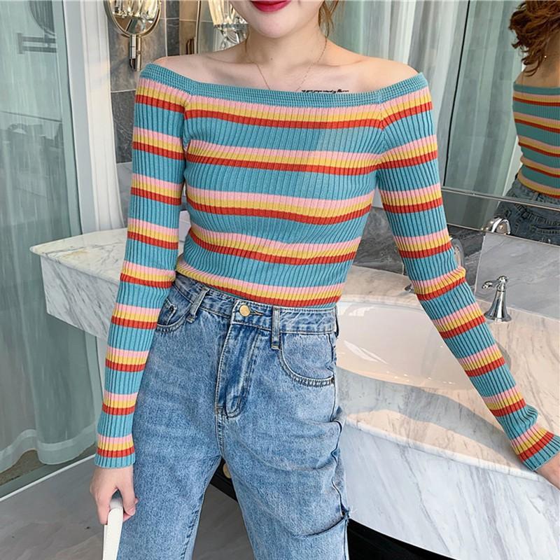 Áo thun dài tay dáng ôm họa tiết sọc ngang