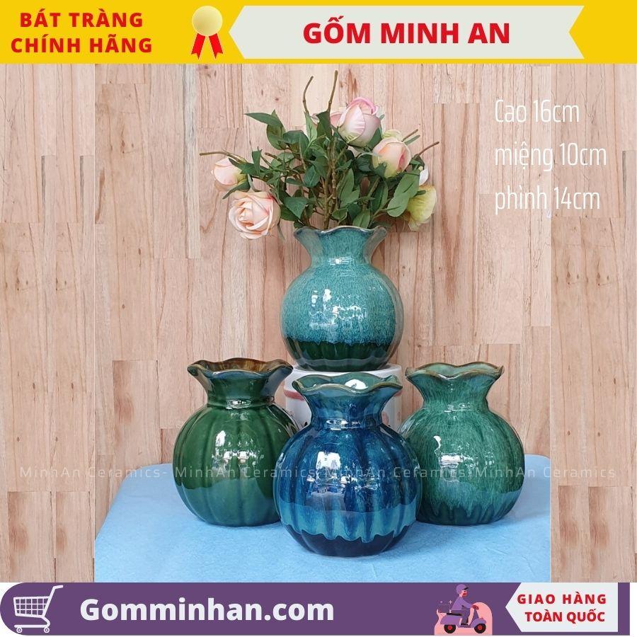 Bình Hoa Lọ Hoa Nhỏ Thấp Màu Xanh Miệng Lượn Men Hỏa Biến, Men Ngọc Lưu Ly- Gốm Sứ Bát Tràng- Gốm Minh An