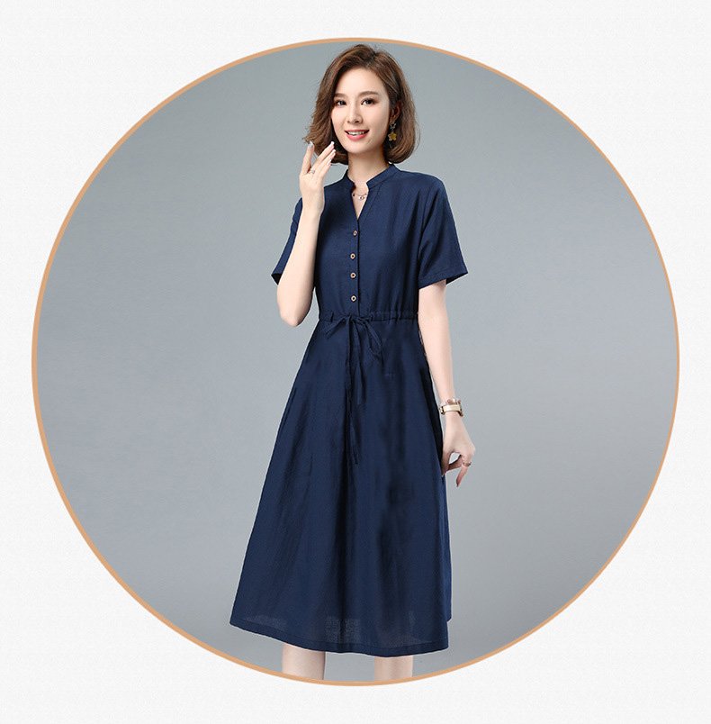 Đầm Linen công sở, Váy midi nữ cổ V ngắn tay chất linen mềm Đũi Việt