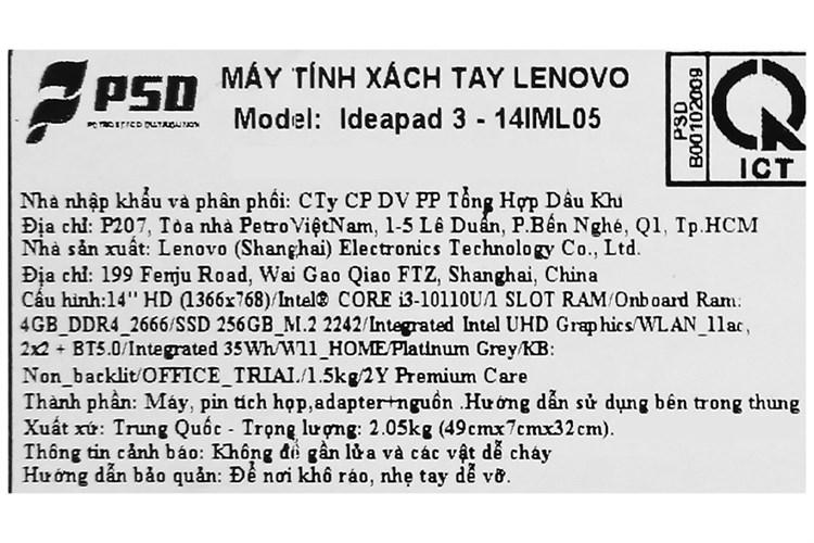 Laptop Lenovo Ideapad 3 14IML05 i3 10110U/4GB/256GB/14&quot;/Win 11/(81WA00Q0VN)/Xám - Hàng chính hãng