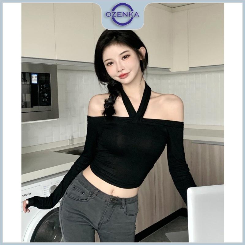 Áo croptop nữ tay dài trễ vai cổ v OZENKA , áo crt ôm body thun 100% cotton màu đen trắng gợi cảm dưới 55 kg