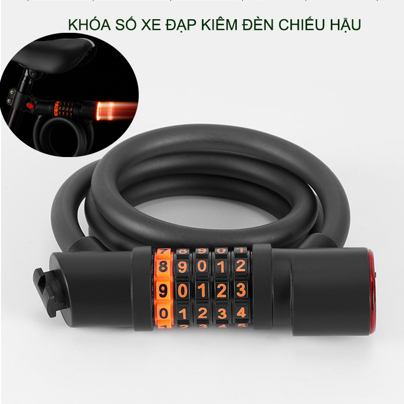 Khóa số chống trộm xe đạp kiêm đèn báo hậu dùng pin sạc, loại 5 mã số có thể thay đổi được, dài 1.2m