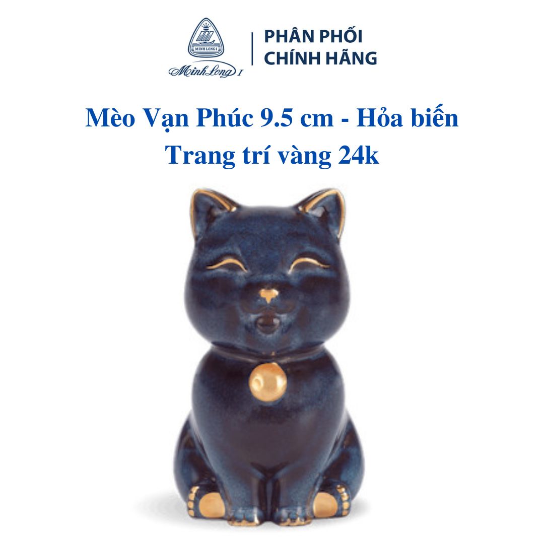 Mèo Vạn Phúc 9.5cm - Hỏa biến xanh dương - Trang trí vàng - Gốm sứ cao cấp Minh Long