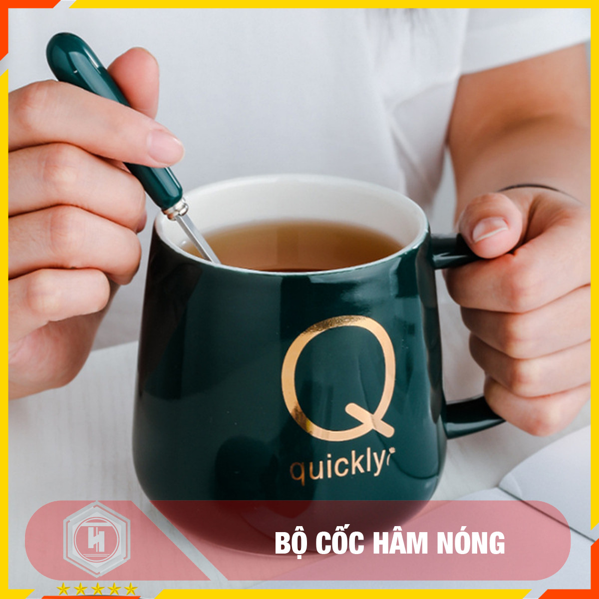 Bộ cốc hâm nóng cafe - HT SYS - Chất liệu gốm sứ - Màu xanh - Họa tiết ngẫu nhiên