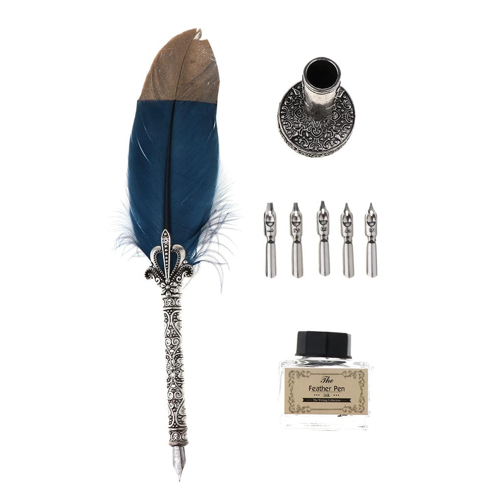 Antique Feather Dip Fountain Pen Calligraphy Set w Holder 5 Nib