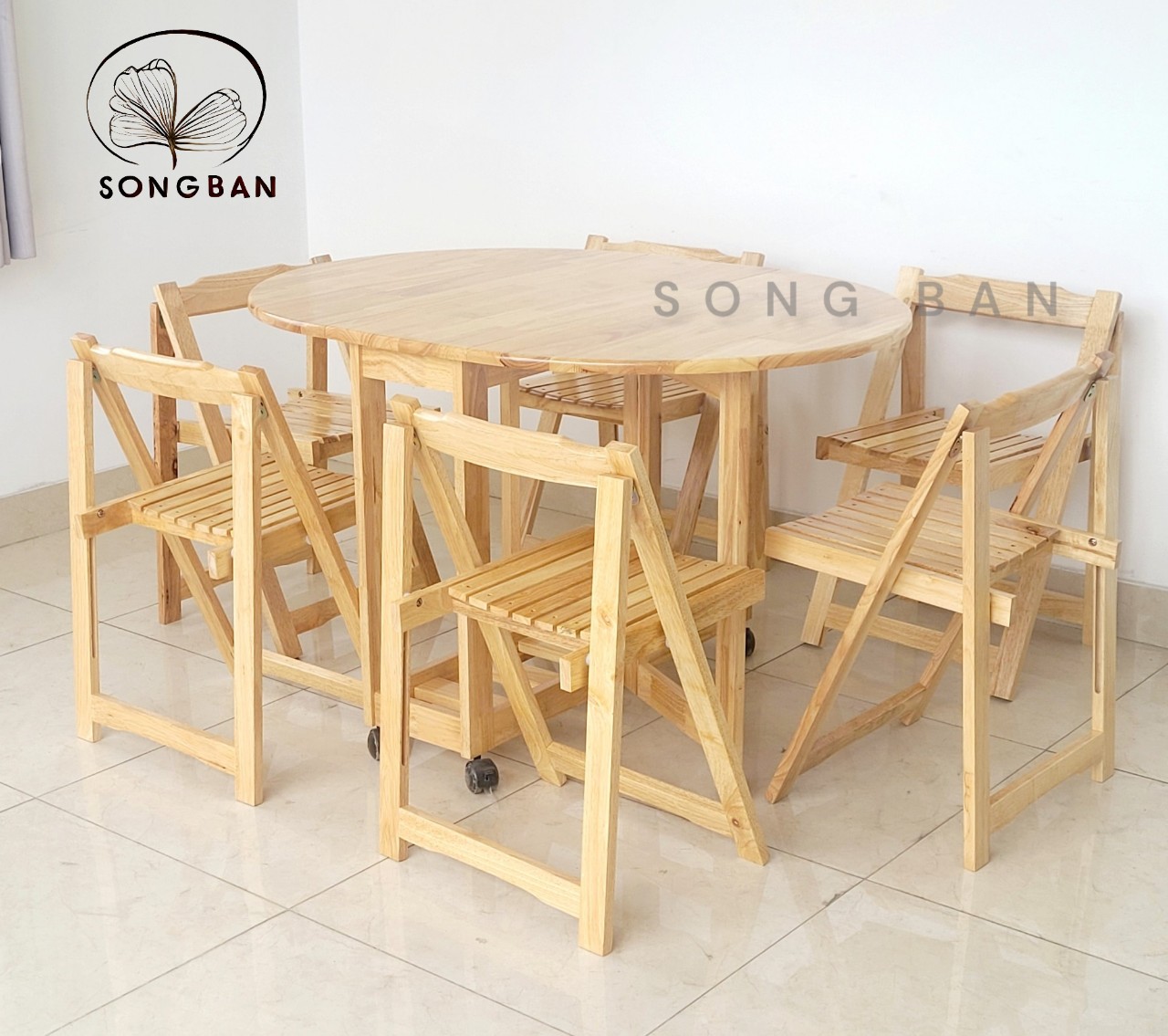 Bộ Bàn Ăn Gỗ Cao Su Xếp Chữ Nhật, Ovan 90x1m2 và 04 Ghế Gỗ Xếp Dày Dặn - Gỗ Song Bản