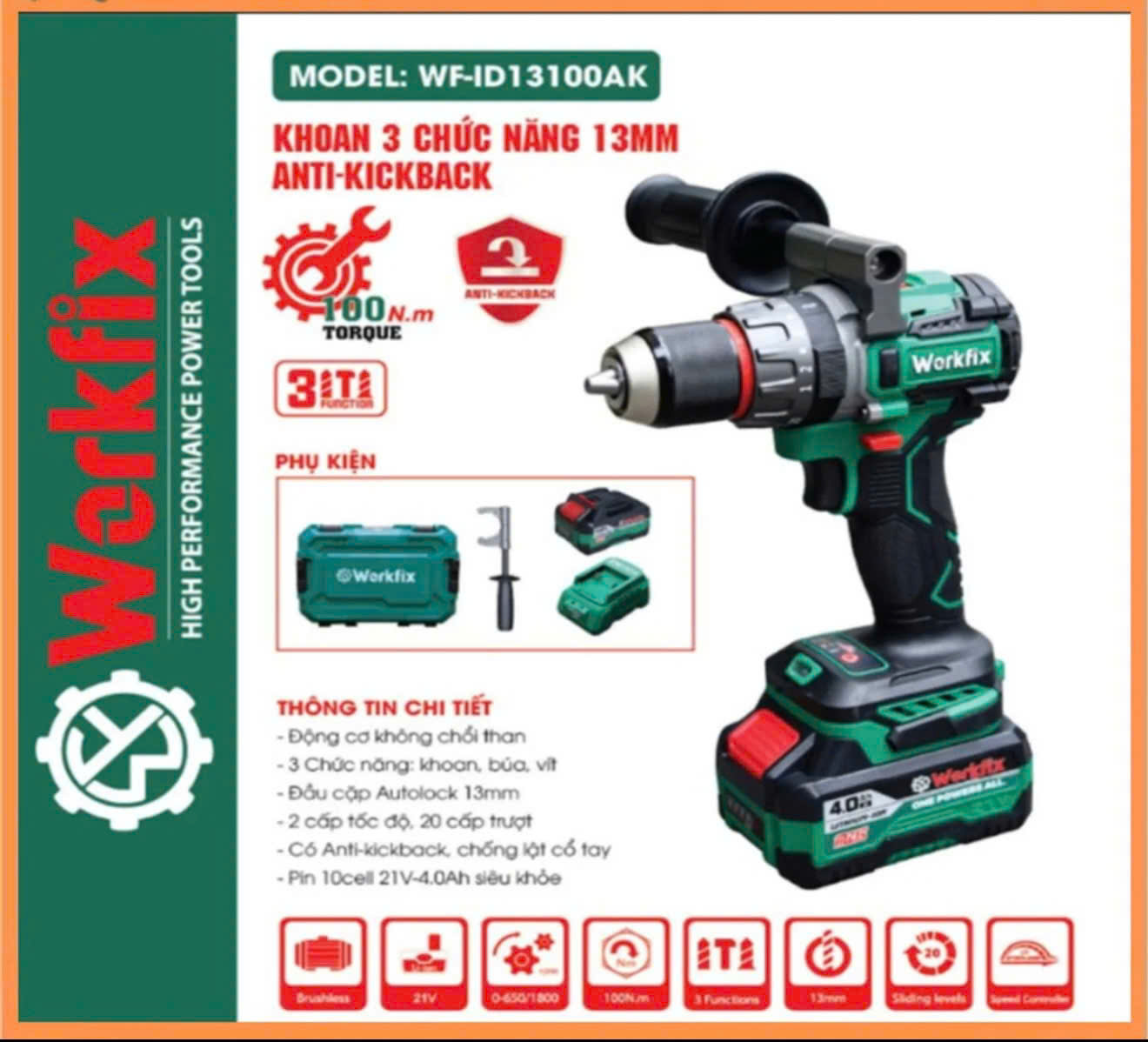 Máy Khoan 3 Chức Năng 100N.m Workfix - ID13100AK - Đầu Kẹp 13mm Auto Lock - Chống Lật Cổ Tay - Brushless Motor - Chân Pin Phổ Thông - 2 Pin 21V/4Ah PLUS - Có Tay Cầm Trợ Lực