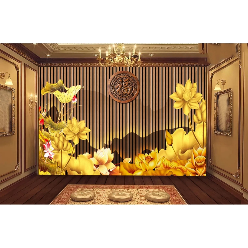 Tranh dán tường hoa sen vàng trang trí phòng khách phòng thờ sẵn keo ,dễ dán(có in theo kích thước yêu cầu)