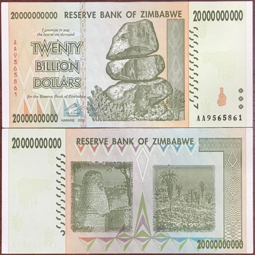 Tờ tiền lạm phát của Zimbabwe 20 tỷ Dollars siêu khủng sưu tầm