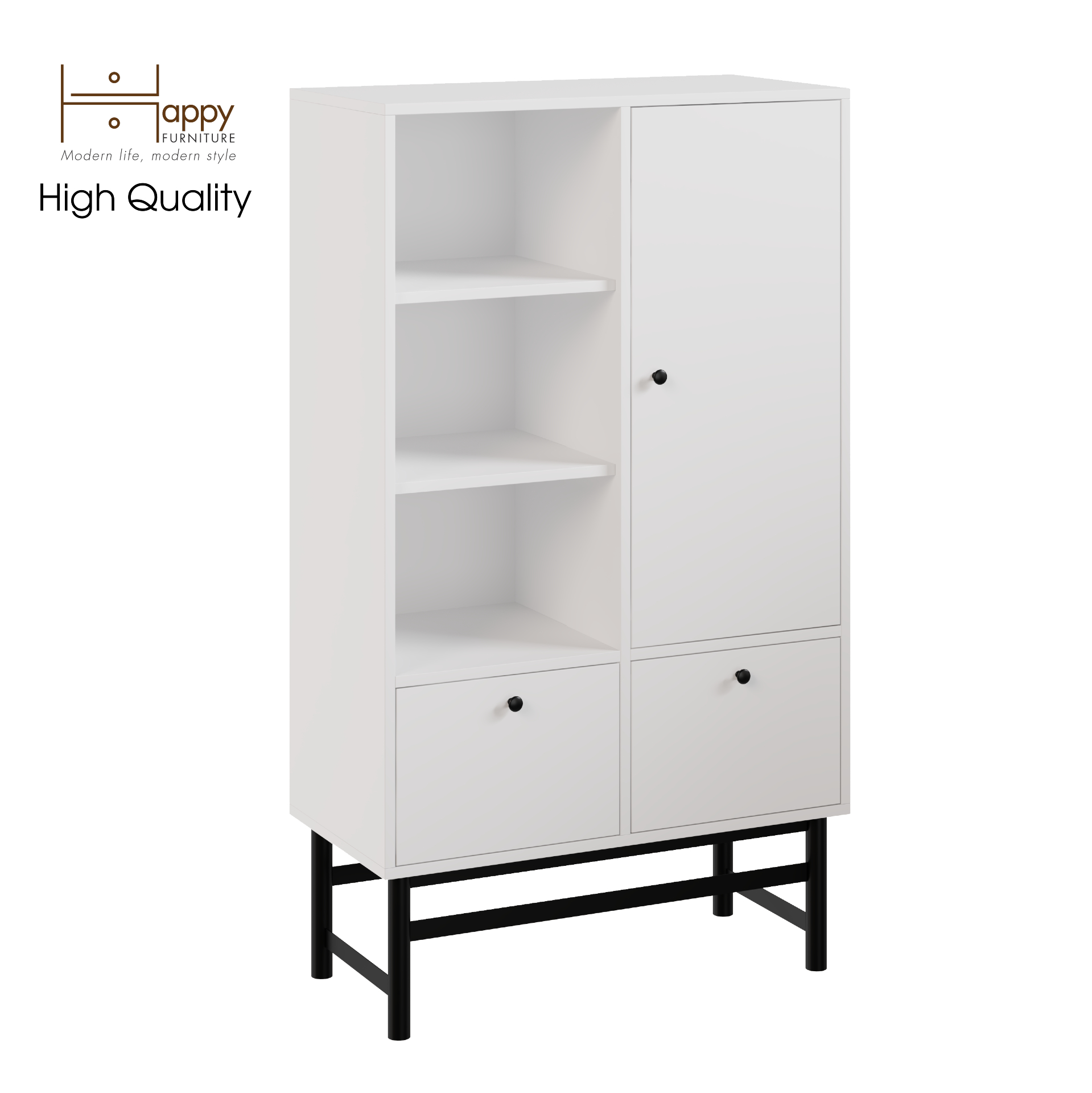 [Happy Home Furniture] CATY , Kệ sách 2 ngăn kéo 1 cửa mở - chân sắt ,  80cm x 39cm x 140cm (DxRxC), KSA_024
