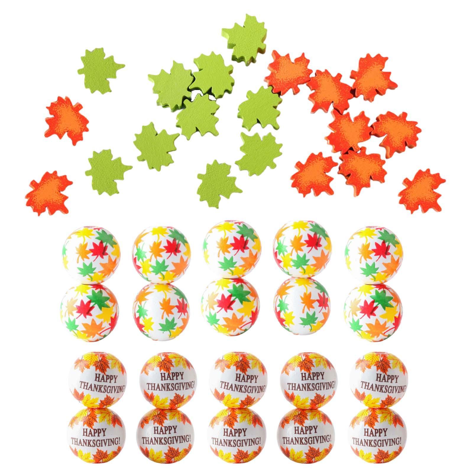 Thanksgiving Fall Beads Wooden Beads Beading Round Ornament Maple Leaf Beads Loose Beads Spacer Beads for Pendant DIY Crafts Jewelry Making