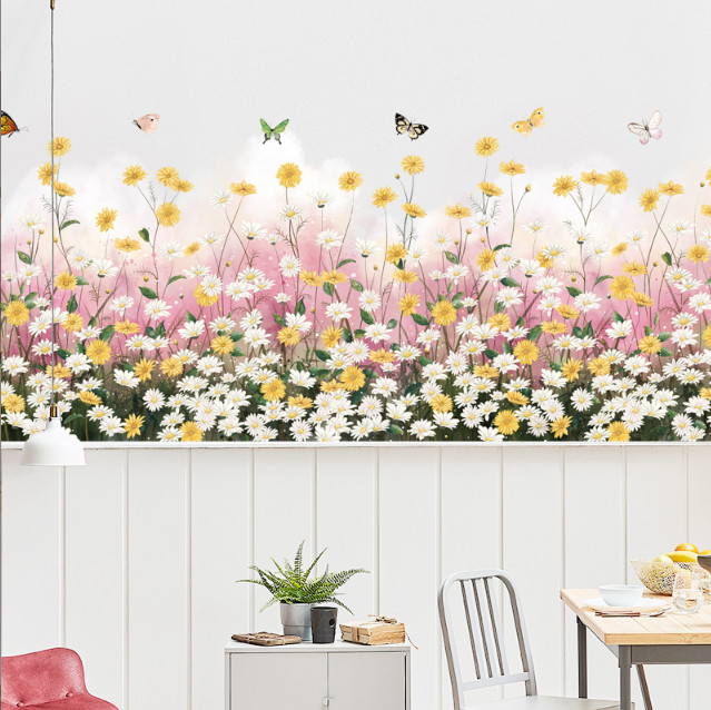 Decal trang trí tường - Chân tường hoa cúc trắng và vàng