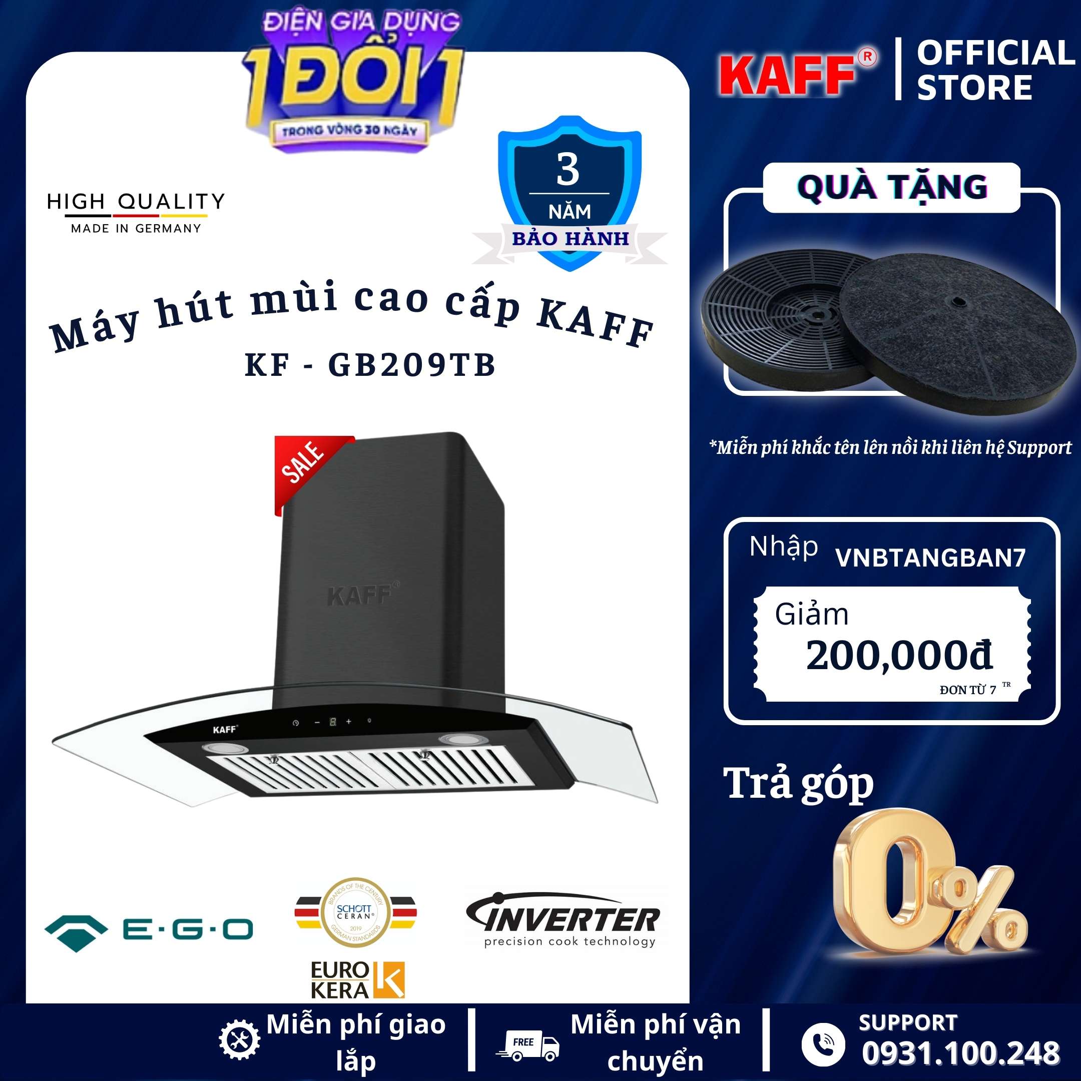 Máy hút mùi kính cong 900mm KAFF KF-GB209TB Tặng bộ lọc than thay thế KAFF-Hàng Chính Hãng