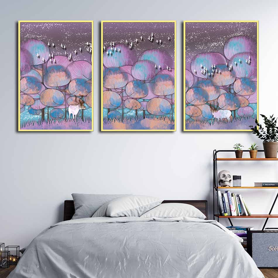Bộ 3 tranh canvas treo tường Decor họa tiết cách điệu hươu và rừng cây, phong cách hiện đại - DC025