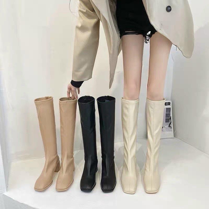 Giày Bốt (boot) thời trang nữ da cao cổ khóa kéo đế vuông chất da mềm mịn