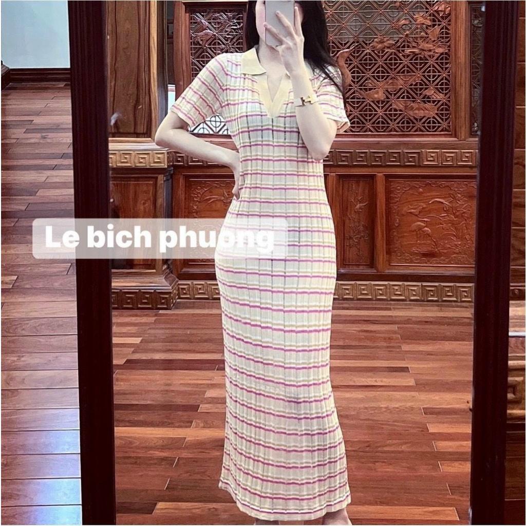 Váy maxi len kẻ ngang cổ bẻ cực hot