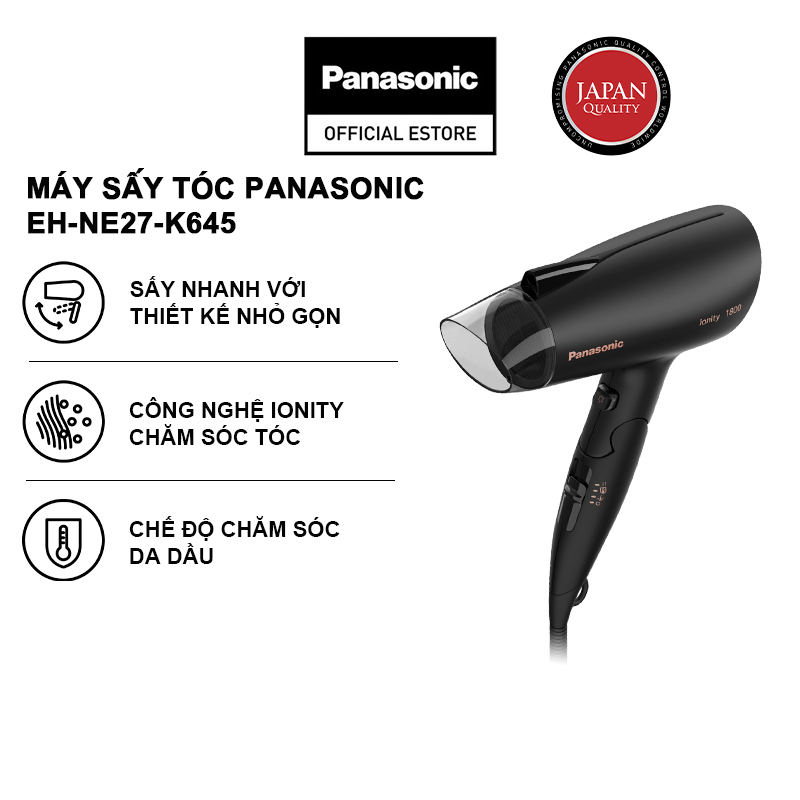 Máy sấy tóc Panasonic EH-NE27-K645-Công nghệ ionity giúp tóc bóng mượt- Sấy nhanh với hiệu quả tương đương 2000W - Hàng Chính hãng