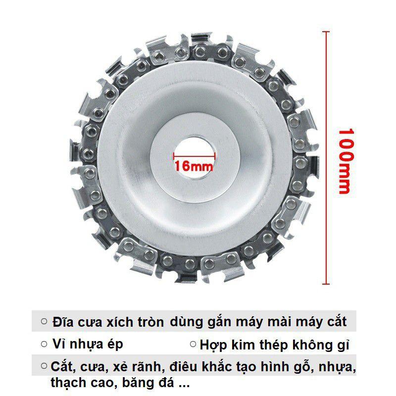 Đĩa cưa xích tròn gắn máy mài cắt cầm tay dùng để cắt, cưa, xẻ rãnh điêu khắc gỗ, nhựa, thạch cao, băng đá