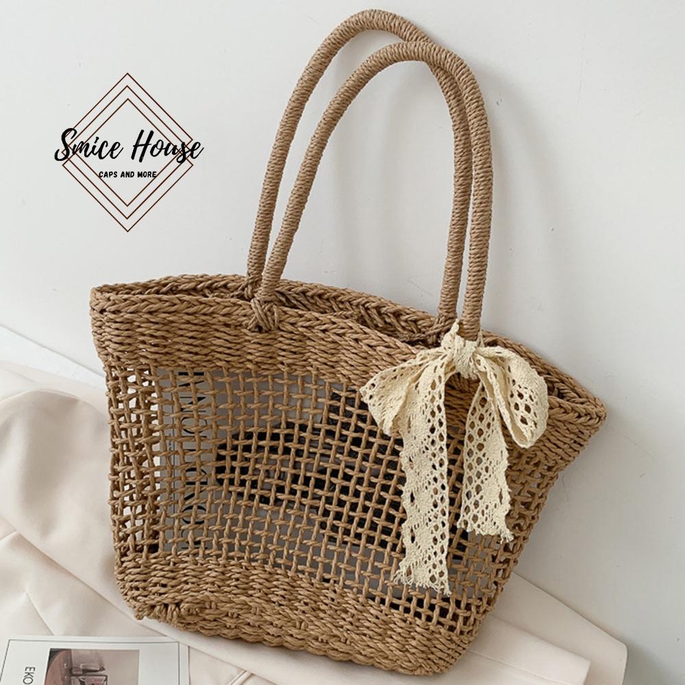 Túi cói đeo vai, làn cói, giỏ mây cầm tay phong cách vintage phối nơ ren để đi biển, chụp hình size to - Smice House