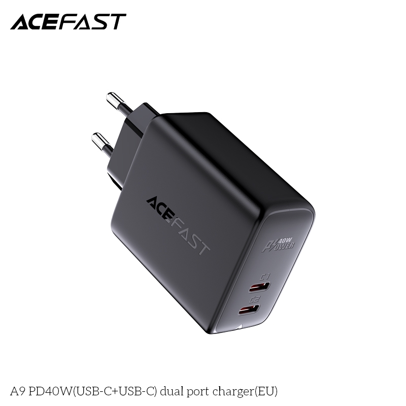 Adapter Sạc Acefast PD 3.0 40W 2 Cổng USB Type-C USB Type-C Chuôi Tròn EU A9 - Hàng Chính Hãng