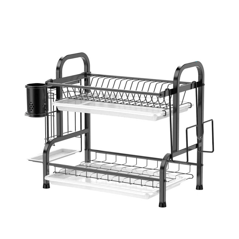 Kệ 2 tầng để chén bát bằng inox 304 cao cấp sơn tĩnh điện màu đen có kèm ống đựng đũa thìa và giá để dao thớt mâm và khay hứng nước bằng nhựa