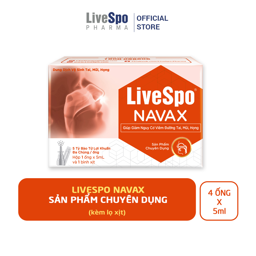 Nước muối sinh lý bào tử lợi khuẩn Livespo Navax chuyên dụng - vệ sinh, phòng ngừa viêm nhiễm tai mũi họng 4 ống x 5ml