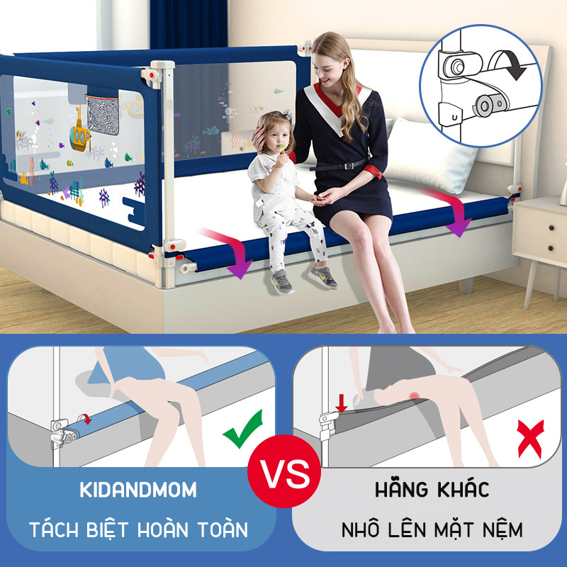 Bộ 2 thanh chắn giường cao tới 105cm chống kẹt, 24 nắc điều chỉnh, hạ 1 góc KidAndMom BR02 mẫu mới nhất trượt lên xuống