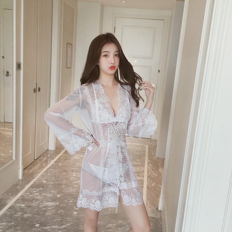 Váy Ngủ Ren Lưới Áo Choàng Sexy - Đồ lót nữ sexy - Set đồ ngủ lụa ren áo choàng thêu hoạ tiết